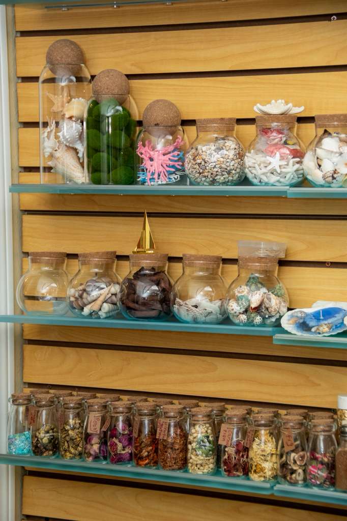 Jars of shells, coral and sand used as gel wax embeds