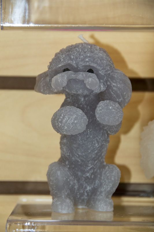 A grey poodle candle standing on a shelf