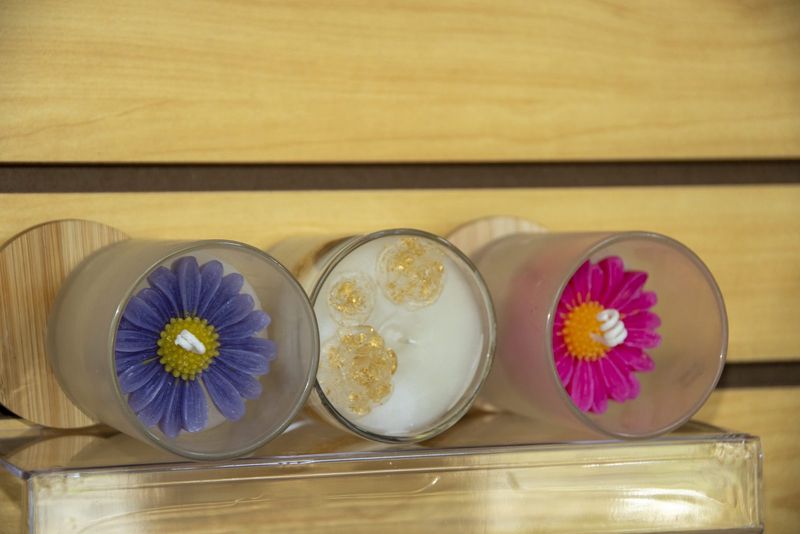 Three tealights set with pressed flowers